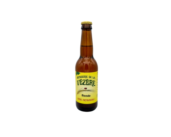 Bière Blonde la Vézère brassée de manière traditionnelle, ni filtrée ni pasteurisée, gazéifiée naturellement par refermentation en …